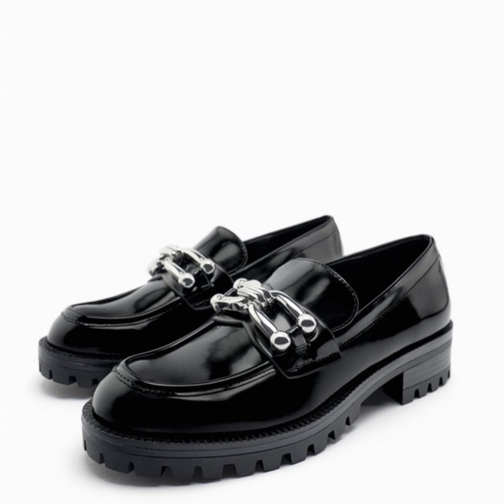 Zara NWT lug sole embellished moccasins loafers chunky black